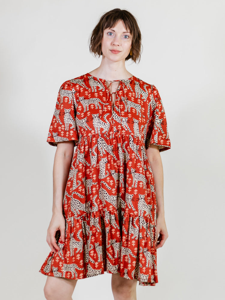 red and white leopard print dress Pretty Little Thing + Red Leopard Print Frill Hem Midi Dress