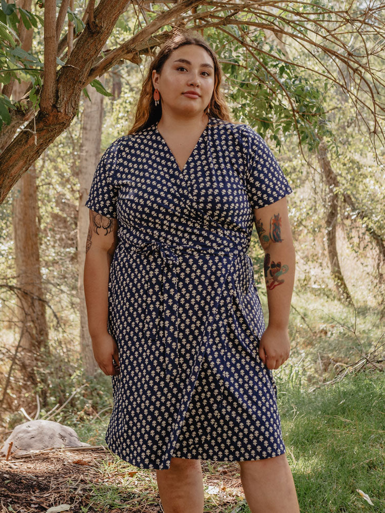 Katie Plus Size Navy Blue Wrap Dress Micro Floral - Fair Trade