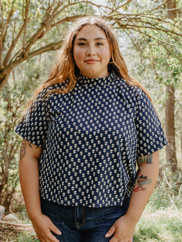 Eve Plus Size Top - Micro Floral Navy