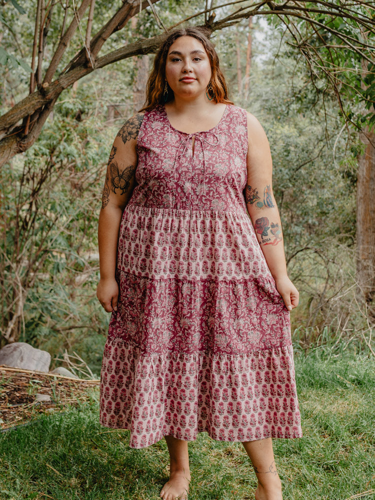 Thais Tiered Plus Size Magenta Sleeveless Dress Vine Floral Print- Fair Trade Dresses | Mata Traders Magenta Vine Floral / 1X Thais Tiered Plus Size Magenta Sleeveless Dress Vine Floral Print- Fair Trade Dresses | Mata Traders Magenta Vine Floral / 1X