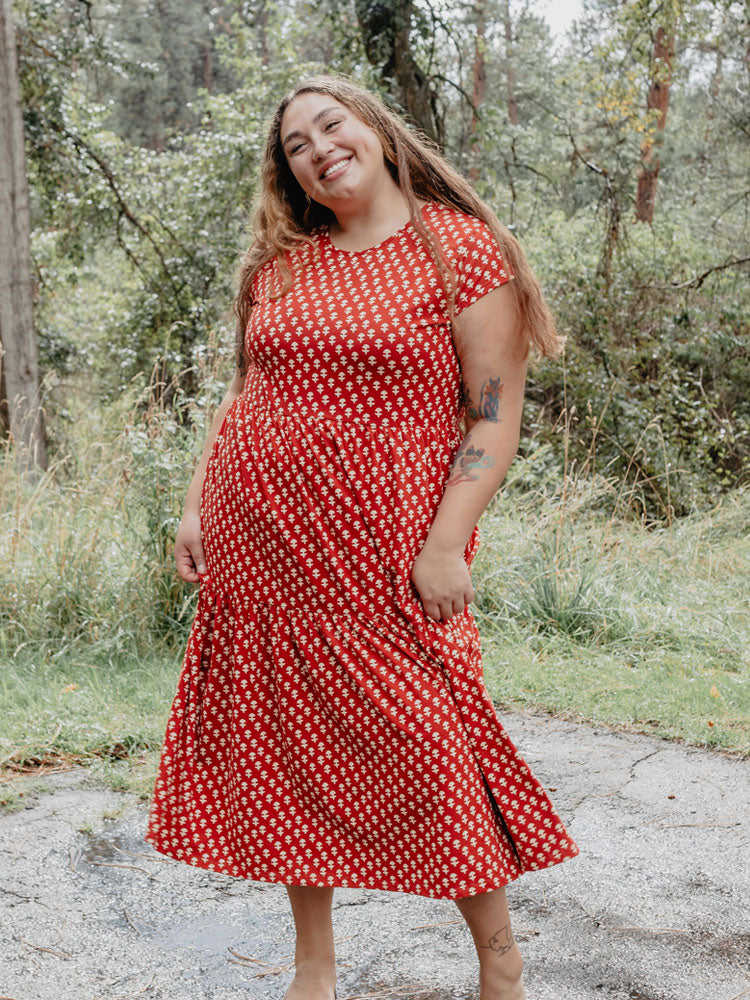 Tiered Jersey Plus Size Dress Micro Floral Red - Fair Trade Dresses | Mata Traders Micro Floral Red / 2X Tiered Jersey Plus Size Dress Micro Floral Red - Fair Trade Dresses | Mata Traders Micro Floral Red / 2X
