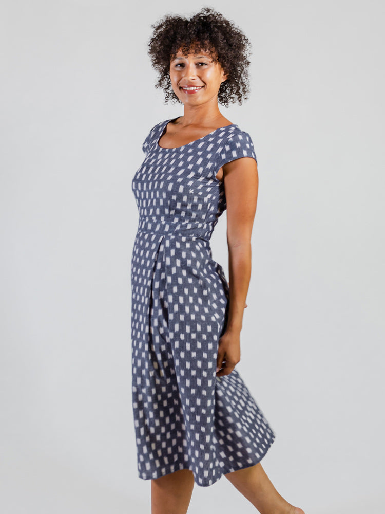 Vintage Pleat Dress Blue Ikat - Fair Trade Dresses | Mata Traders Blue Ikat / XL Vintage Pleat Dress Blue Ikat - Fair Trade Dresses | Mata Traders Blue Ikat / XL