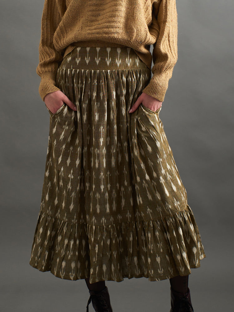 Tina Gathered Midi Skirt Ikat Check Cotton