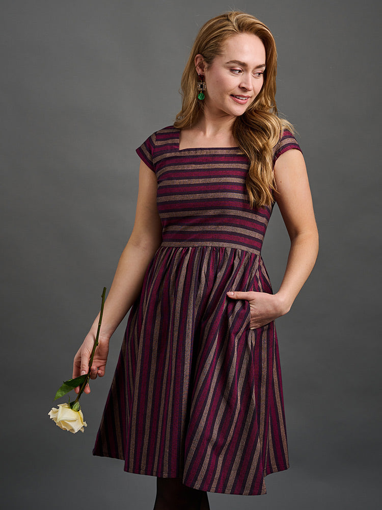 Rupi Square Neck Dress Berry Stripe - Fair Trade Dresses