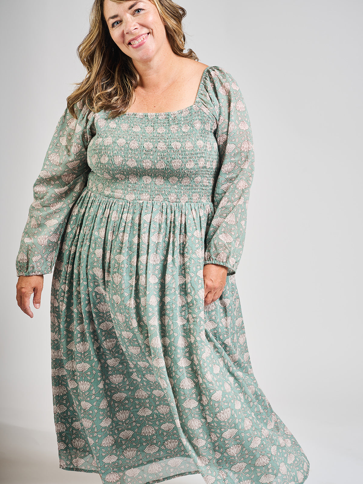 Hailee Smocked Plus Size Midi Dress Aegean Teal Floral - Fair Trade Dresses | Mata Traders Aegean Teal Floral / 2X Hailee Smocked Plus Size Midi Dress Aegean Teal Floral - Fair Trade Dresses | Mata Traders Aegean Teal Floral / 2X