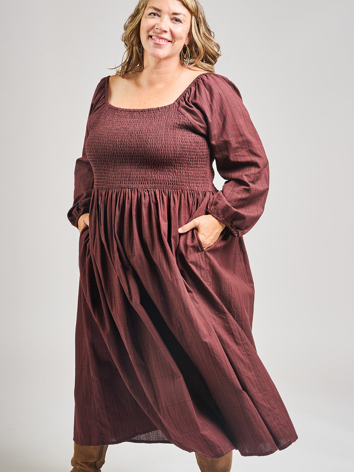 Fair Trade Plus Size Long Maroon Plaid Dress with Pockets
