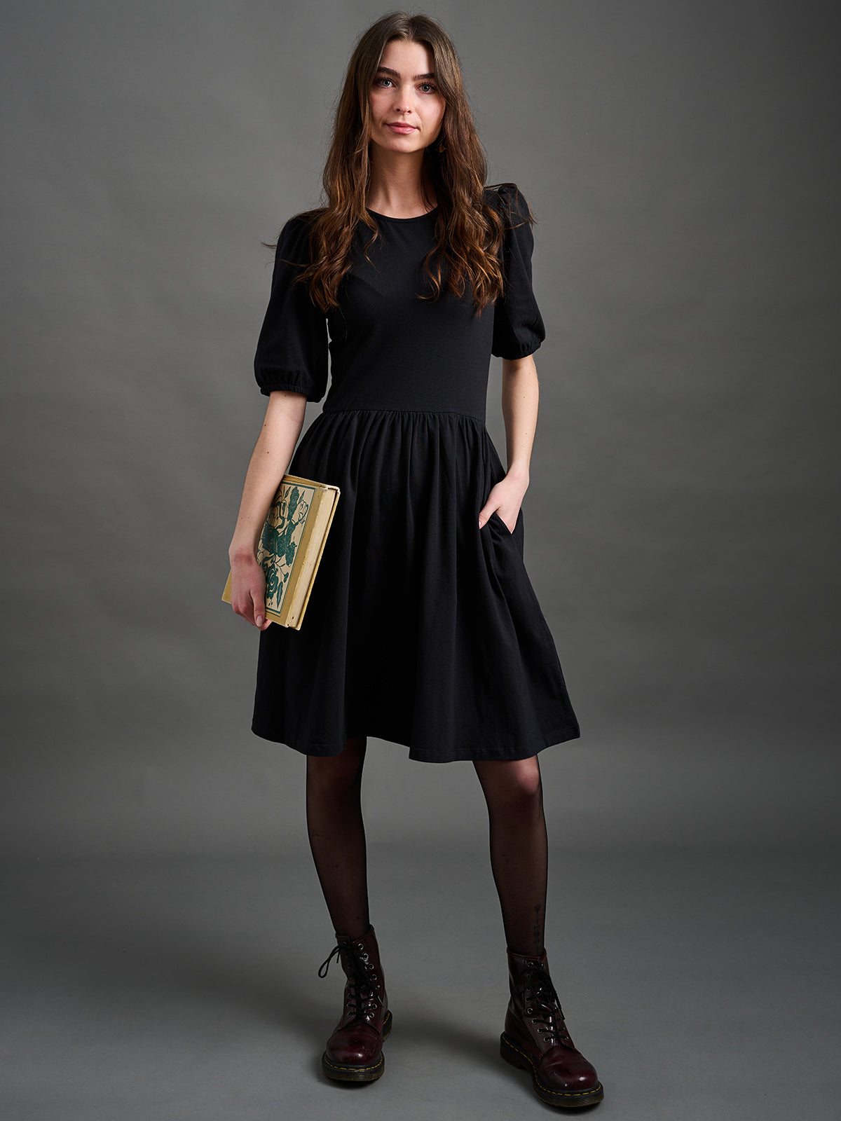 Inez Bubble Sleeve Dress Black Jersey - Fair Trade Dresses | Mata