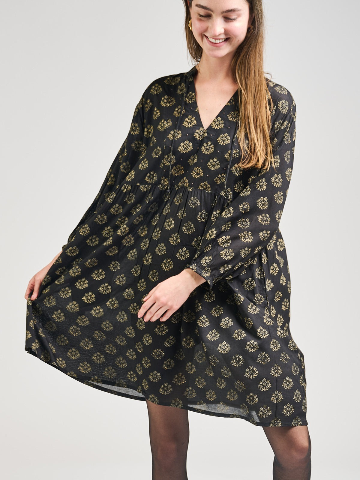 Sohla Mini Dress Floral Stamp Black - Fair Trade Dresses | Mata