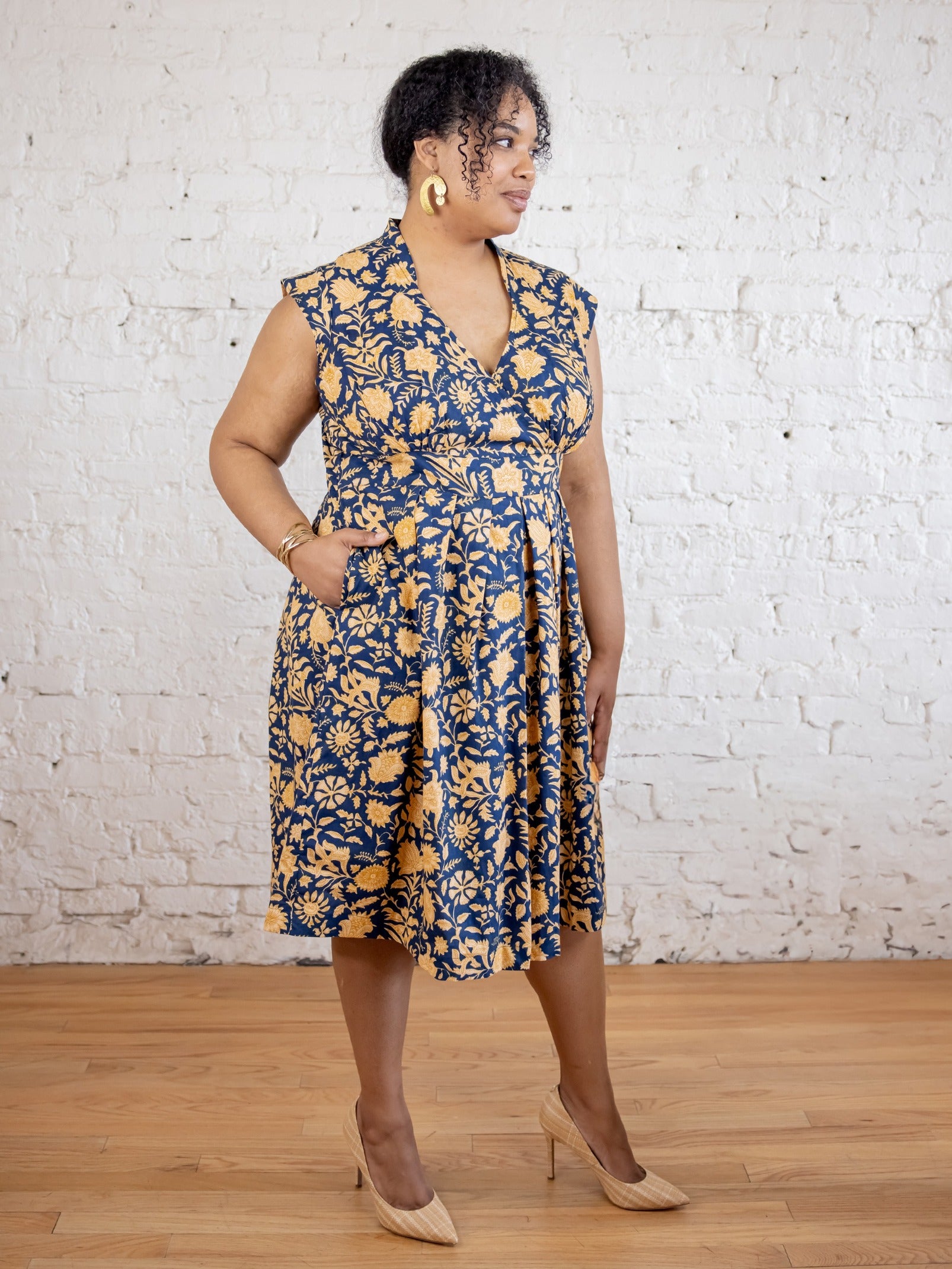 Lucille Plus Size Dress Navy Botanical - Fair Trade Dresses | Mata