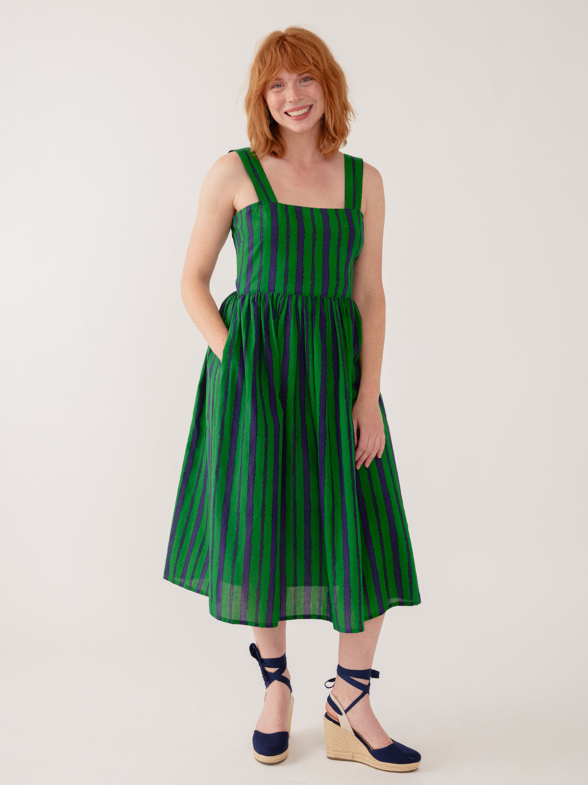 Nikita Wide Strap Midi Dress in Emerald Green | Fair Trade | Mata