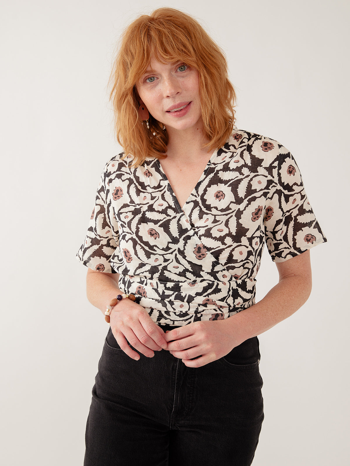 Women's Wren Wrap Top Black and White Floral | Fair Trade | Mata