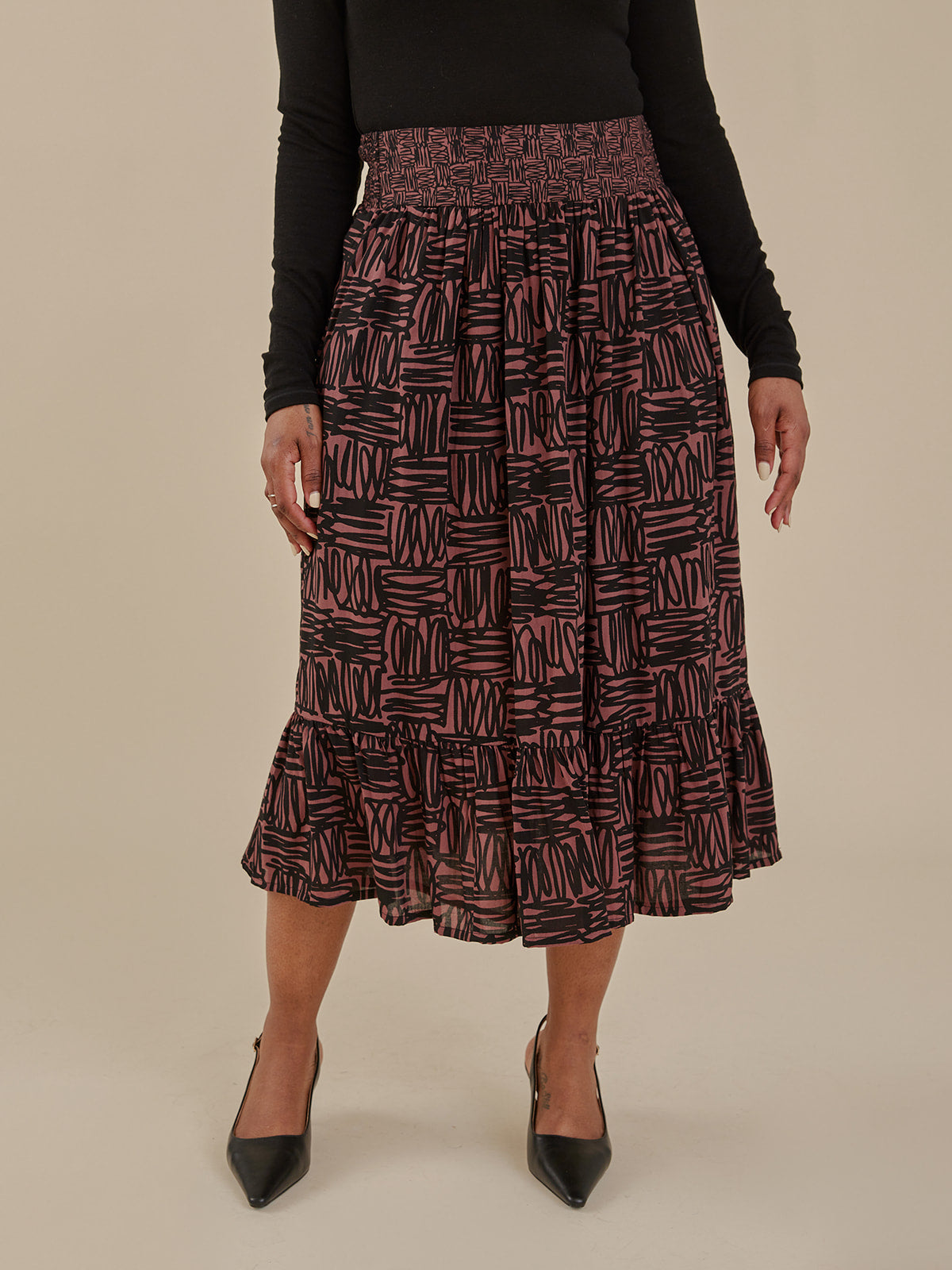 Women's Mila Midi Skirt Mocha Scribble Modal | Fair Trade | Mata