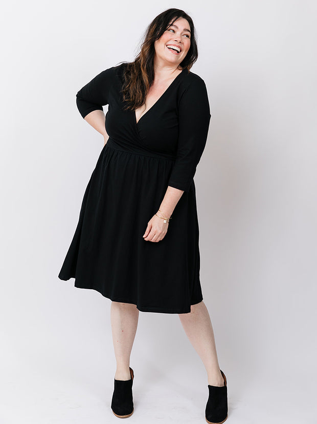 Callie 3/4 Sleeve Plus Size Wrap Dress - Black
