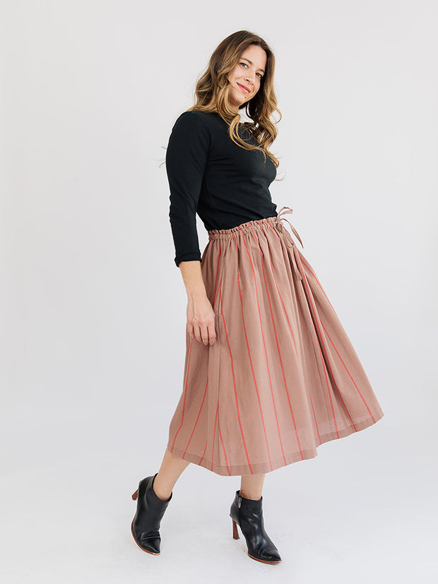 Mya Drawstring Midi Skirt - Cocoa Stripe