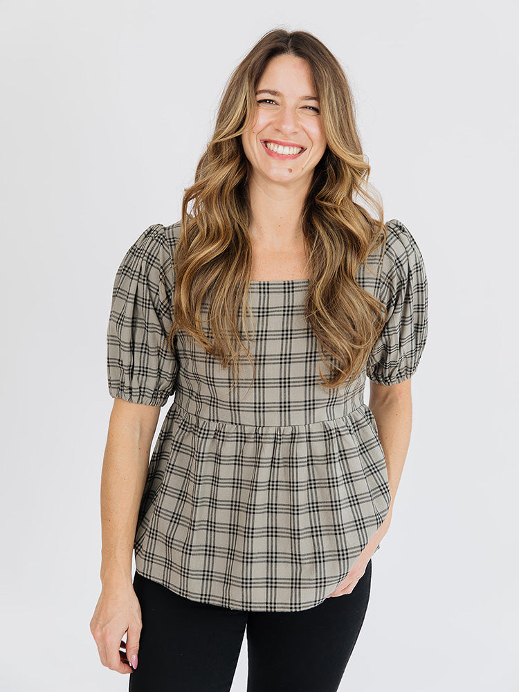 Nico Babydoll Top Cement Plaid - Fair Trade Clothing | Mata