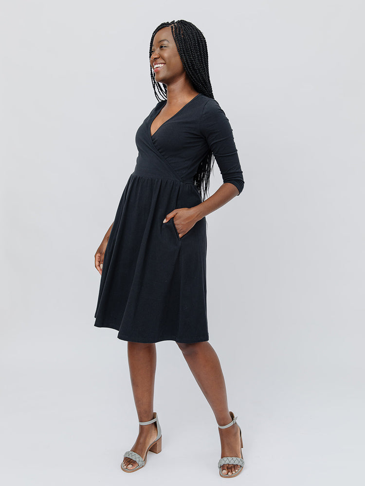 Tribal Black Elbow Sleeve Wrap Dress at  Women's Clothing store