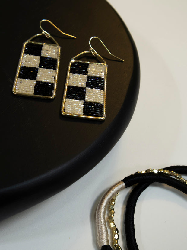 Checker Beaded Earrings - Black