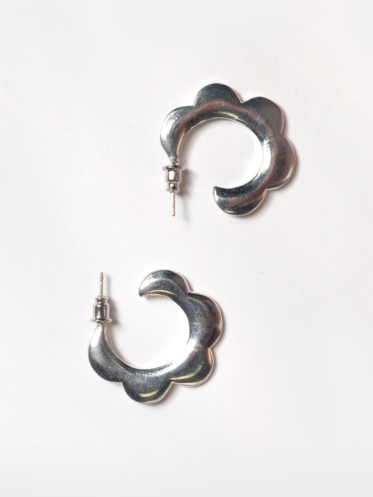 Lunar Crescent Hammered Shiny Silver Hoop Earrings