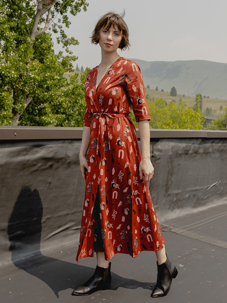 Aditi Wrap Dress Modern Objects Cranberry - Fair Trade Dresses