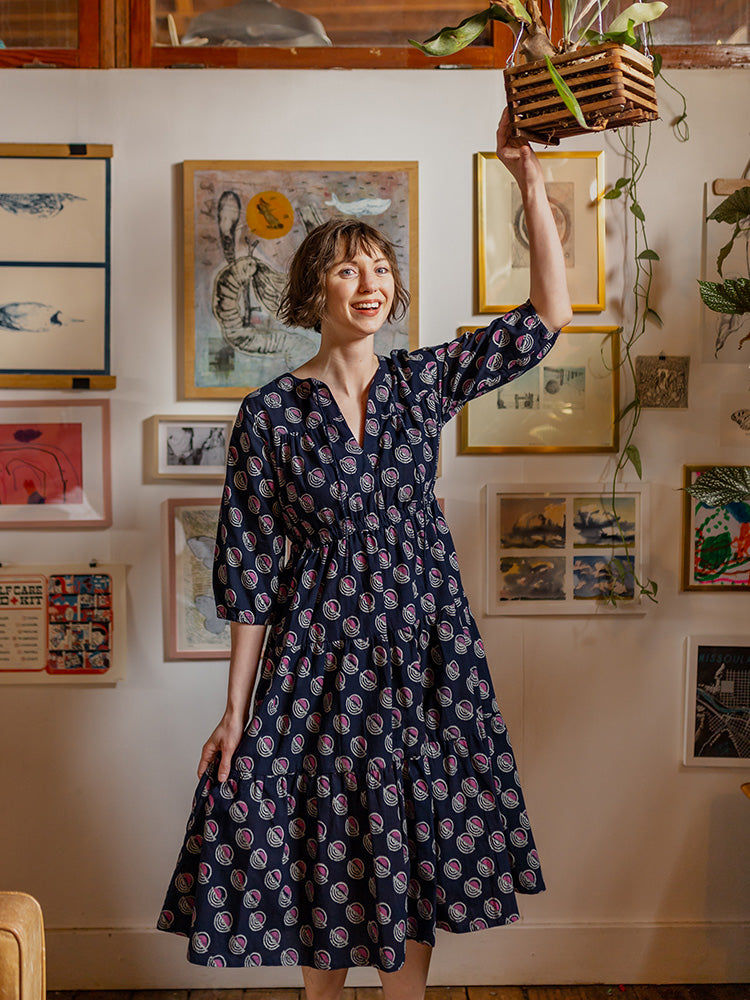 Adriana Navy Blue Boho Dress Deco Print - Fair Trade Dresses