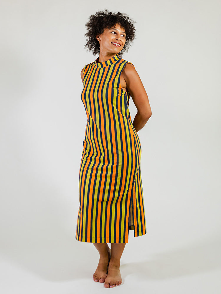 Maggie High Neck Shift Dress Navy Chartreuse Stripe - Fair Trade Dresses | Mata Traders Navy Chartreuse Stripe / XS Maggie High Neck Shift Dress Navy Chartreuse Stripe - Fair Trade Dresses | Mata Traders Navy Chartreuse Stripe / XS