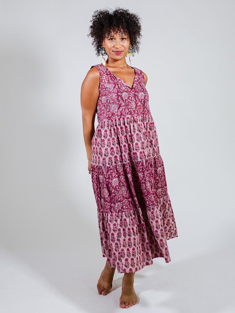 Thais Tiered Sleeveless Dress Magenta Vine Floral - Fair