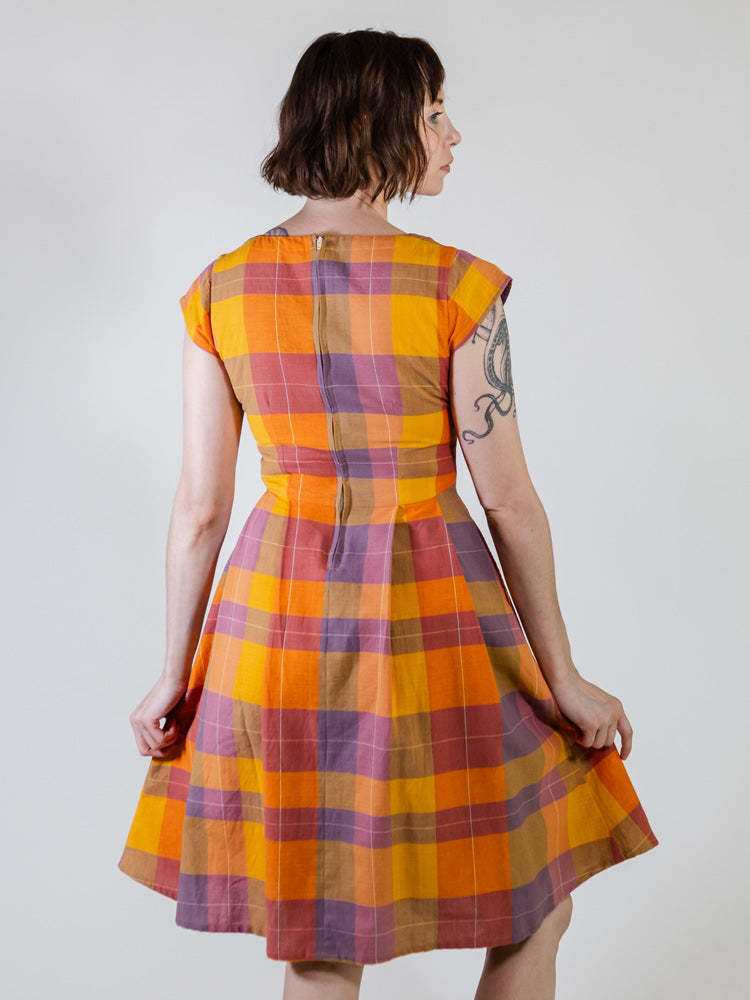 Devonshire Yellow Plaid Fit and Flare Dress - Fair Trade Dresses | Mata Traders Sunset Plaid / XS Devonshire Yellow Plaid Fit and Flare Dress - Fair Trade Dresses | Mata Traders Sunset Plaid / XS