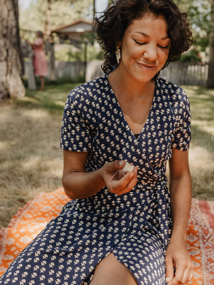 Katie Jersey Navy Blue Floral Wrap Dress - Fair Trade Dresses