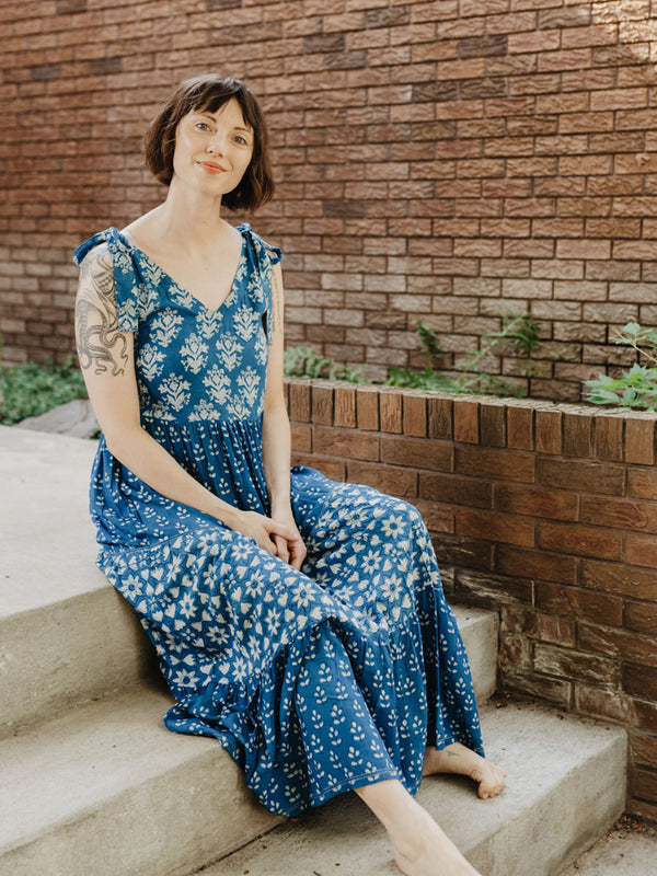 Lorelei Boho Tiered Summer Dress - Indigo Trio Print - Mata Traders