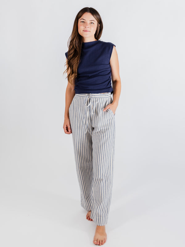 Emmy Drawstring Pant - Pinstripe Blue