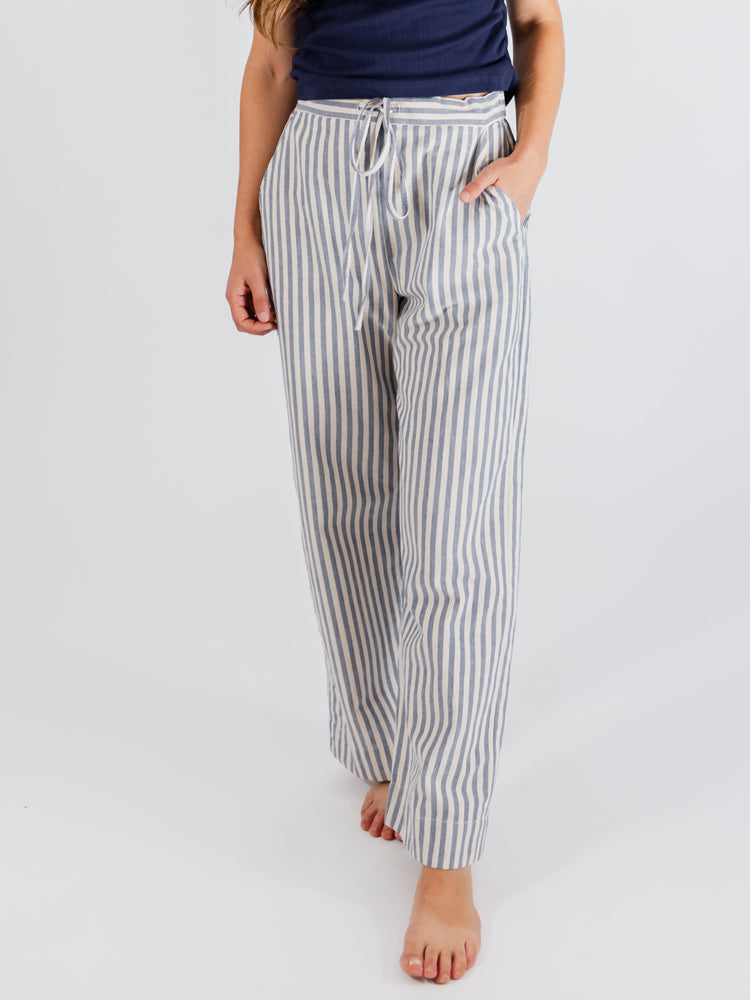 Emmy Blue Pinstripe Drawstring Pants - Fair Trade Clothing | Mata