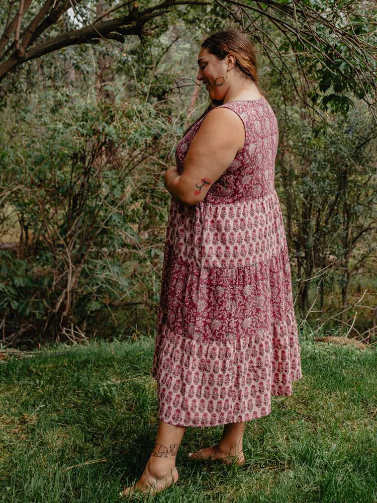 Thais Tiered Plus Size Magenta Sleeveless Dress Vine Floral Print- Fair Trade Dresses