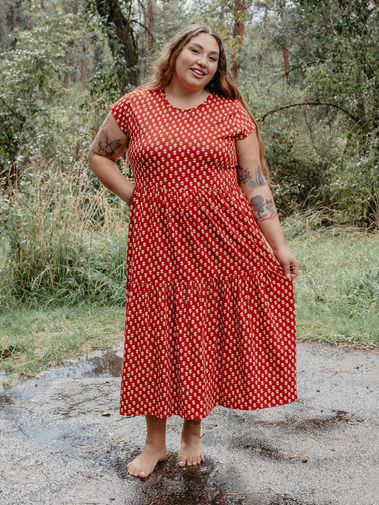 Tiered Jersey Plus Size Dress Micro Floral Red - Fair Trade Dresses | Mata Traders Micro Floral Red / 1X Tiered Jersey Plus Size Dress Micro Floral Red - Fair Trade Dresses | Mata Traders Micro Floral Red / 1X