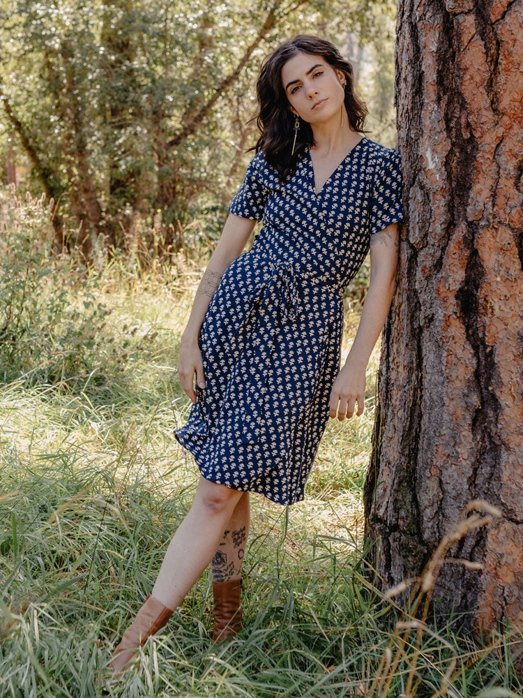 Katie Jersey Navy Blue Floral Wrap Dress - Fair Trade Dresses