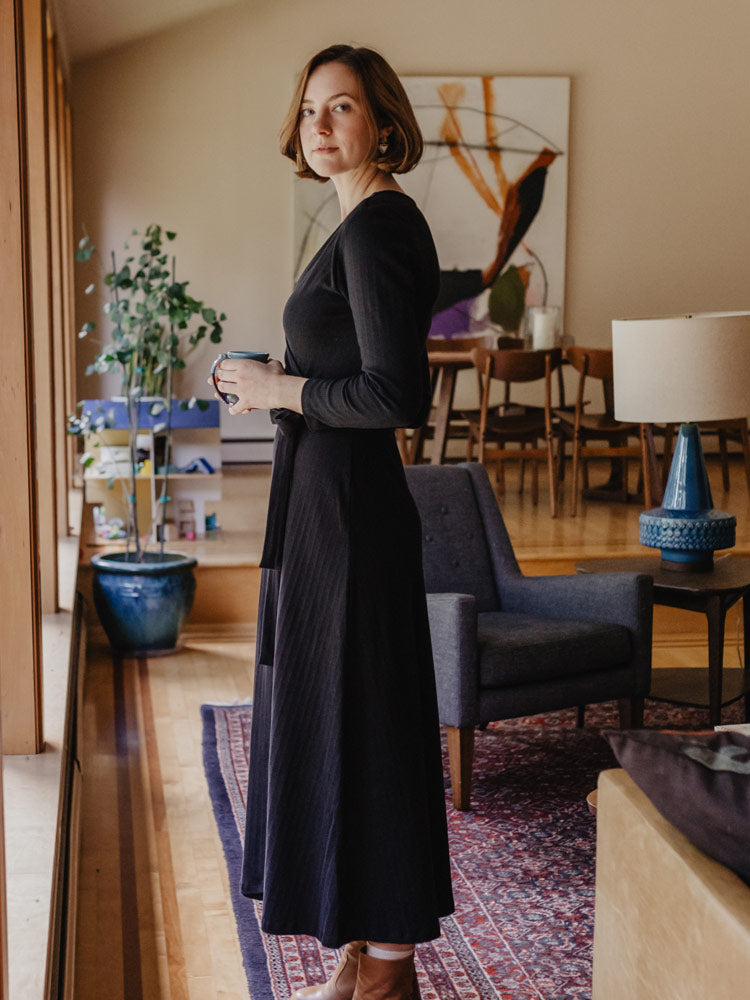 Katie Maxi Wrap Dress Black Rib Knit - Fair Trade Dresses
