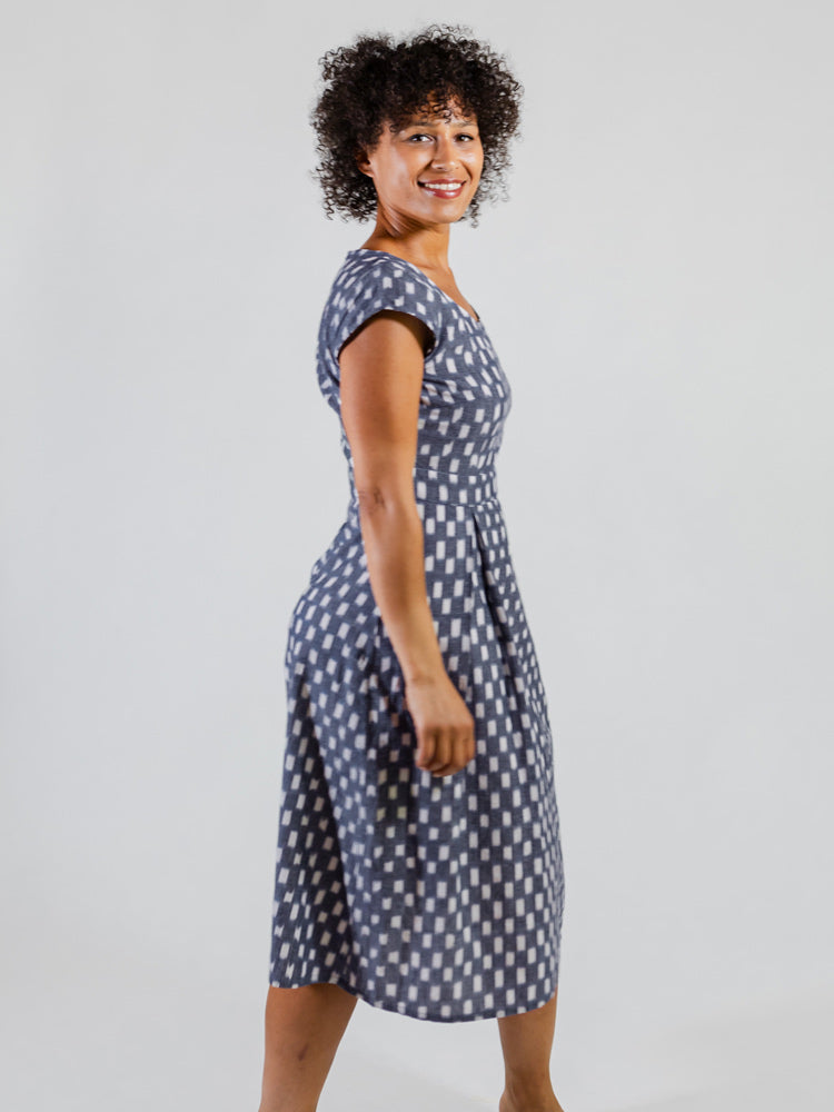 Vintage Pleat Dress Blue Ikat - Fair Trade Dresses | Mata Traders Blue Ikat / XL Vintage Pleat Dress Blue Ikat - Fair Trade Dresses | Mata Traders Blue Ikat / XL