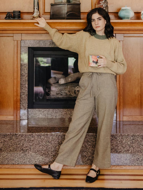 Emmy Drawstring Pant with Pockets - Tan Houndstooth - Mata Traders