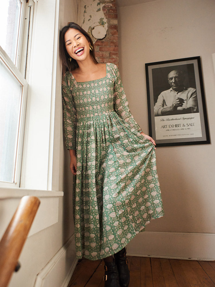 Hailee Smocked Midi Dress Aegean Teal Floral - Fair Trade Dresses | Mata Traders Aegean Teal Floral / M Hailee Smocked Midi Dress Aegean Teal Floral - Fair Trade Dresses | Mata Traders Aegean Teal Floral / M