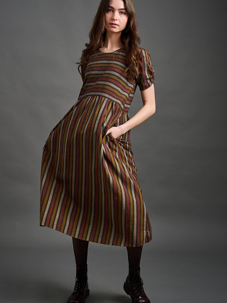 Kavita Brown Stripe Midi Dress - Fair Trade | Mata Traders