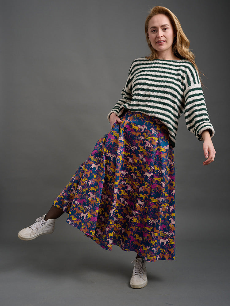 AMERI MANY BOOKS SKIRT本棚柄スカート Lucinda Maxi Skirt Blue Horses - Fair Trade Clothing | Mata Traders