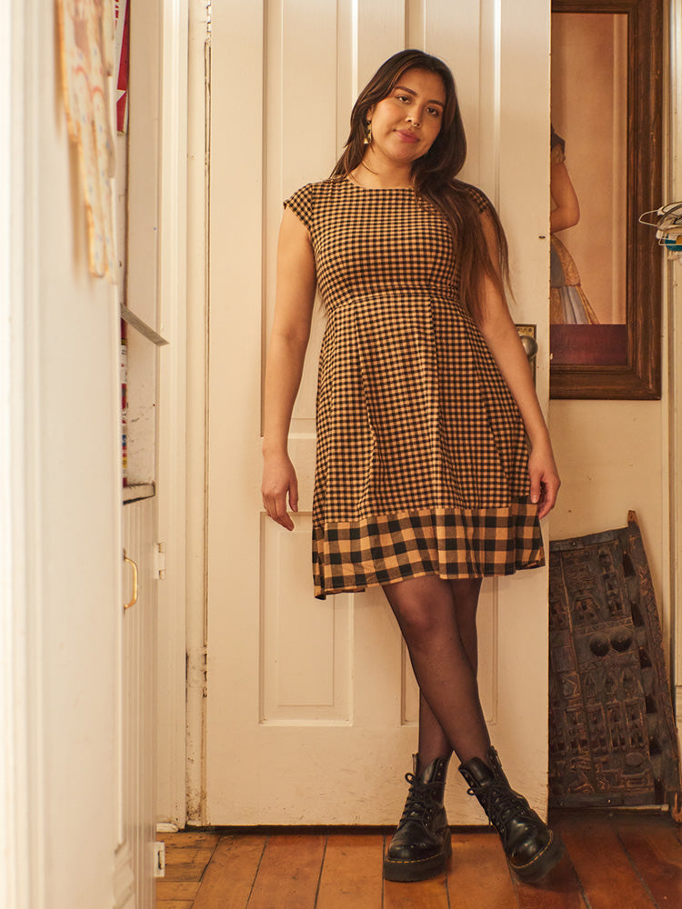 Classic Tan Gingham Fit Flare Dress - Fair Trade Mata Traders Black and Tan Mix / XL Classic Tan Gingham Fit Flare Dress - Fair Trade Mata Traders Black and Tan Mix / XL
