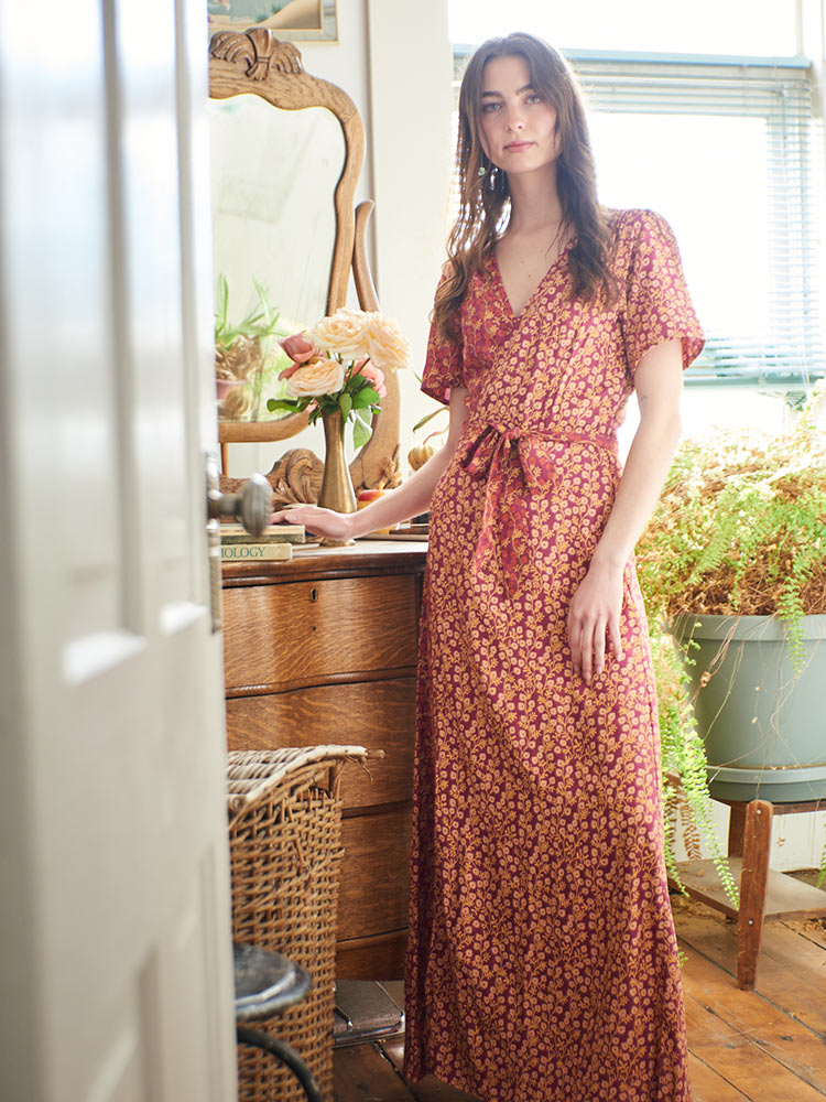 Wrap Maxi Dress Berry Poppy Mix - Fair Trade Dresses | Mata