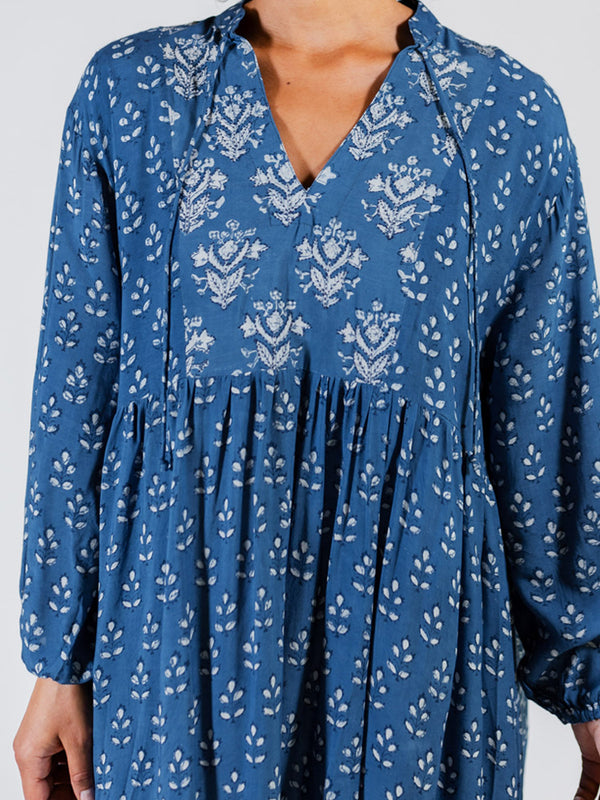 Sohla Flowy Mini Dress - Indigo Blue Mix Block Print - Mata Traders