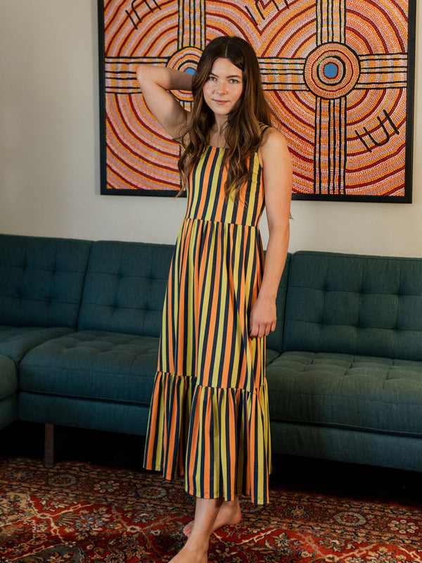 Opal  Sleeveless Tiered Dress with stripes- Navy Chartreuse Stripe - Mata Traders