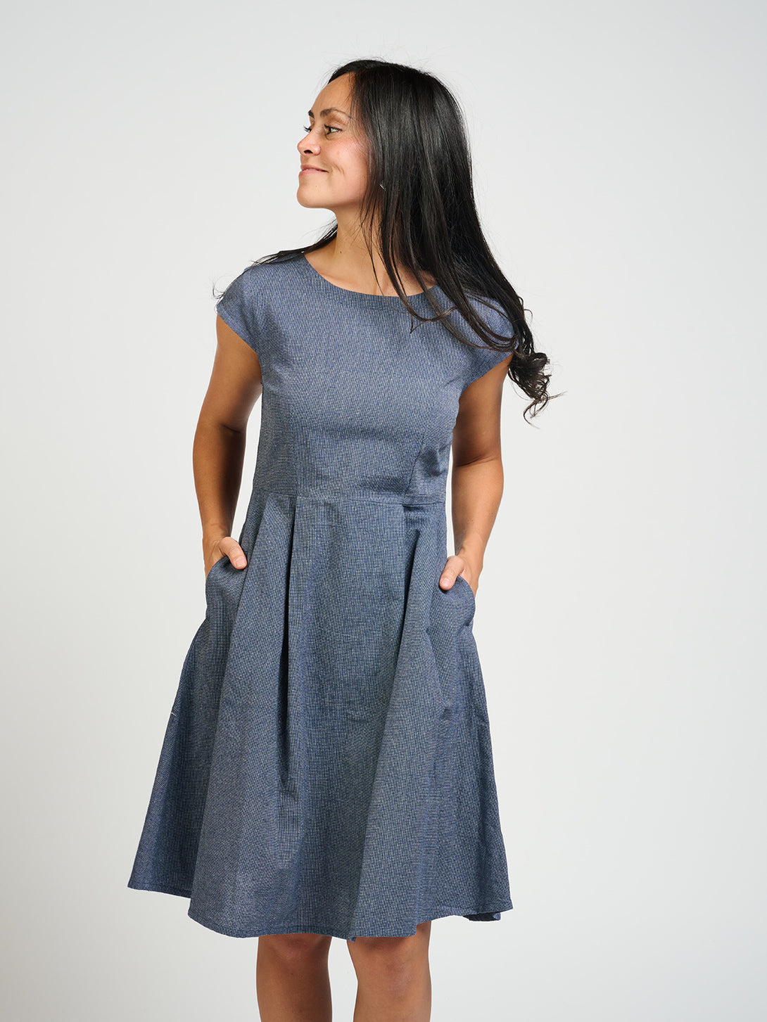 Devonshire Blue Chambray Fit Flare Dress - Fair Trade | Mata Traders Blue Chambray / L Devonshire Blue Chambray Fit Flare Dress - Fair Trade | Mata Traders Blue Chambray / L