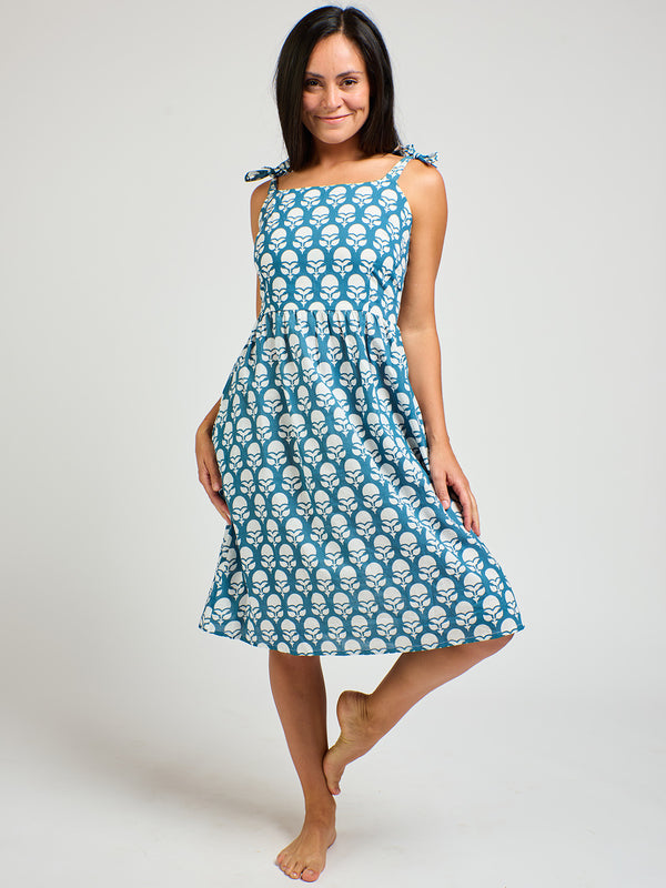 Provence Summer Cotton Casual Dress - Floral Blue and White Pattern -Mata Traders