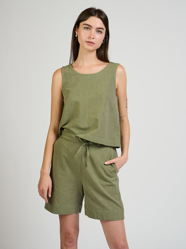 Larisa Shorts with Pockets- Olive Chambray - Mata Traders