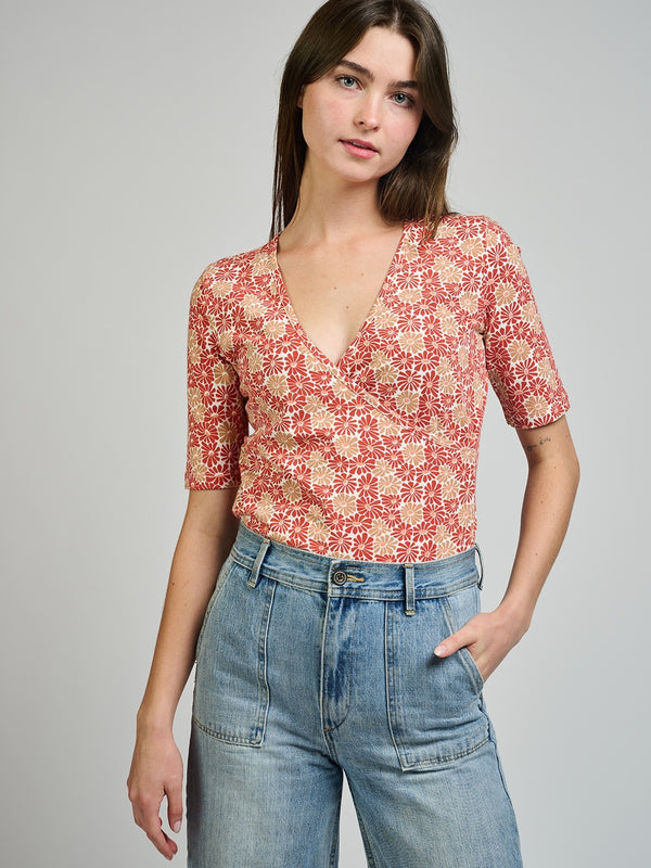 Gianna Wrap Top Half Sleeve - Pink Floral Pattern - Mata Traders