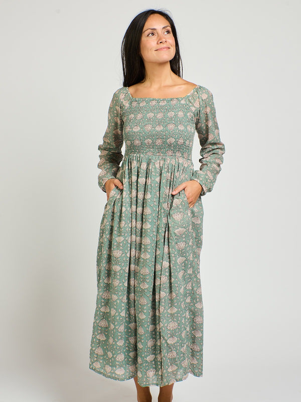 Hailee Smocked Midi Dress - Aegean Teal Floral