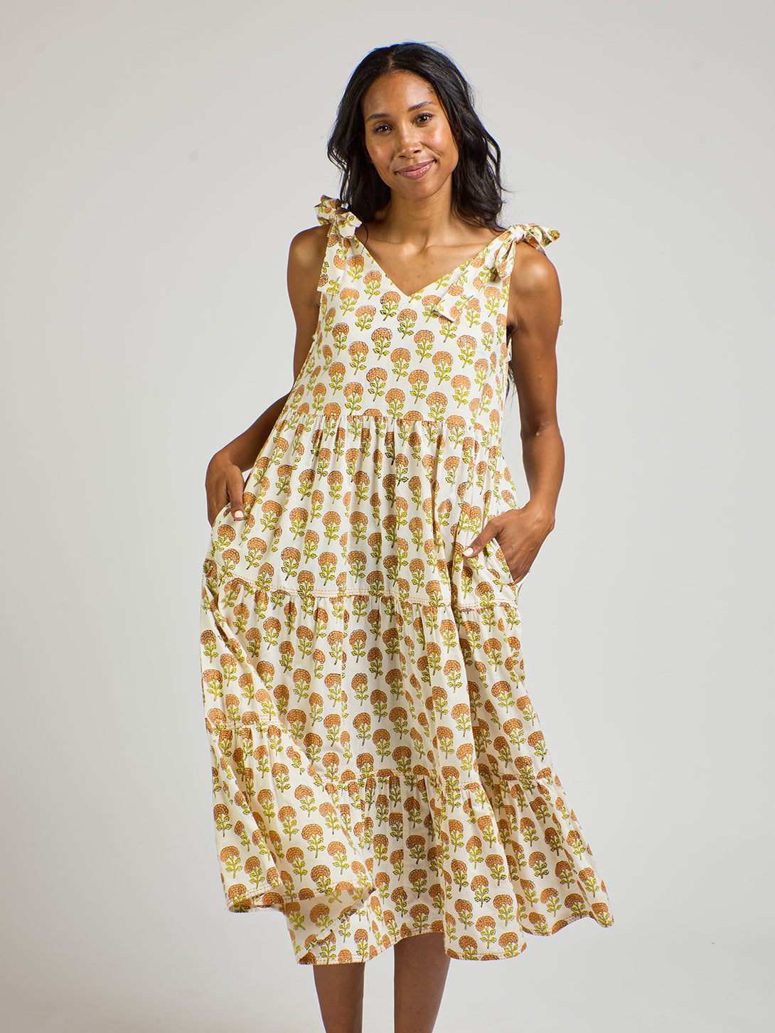 Lorelei Tiered Yellow Marigold Print Dress - Fair Trade Dresses | Mata Traders Lorelei Tiered Yellow Marigold Print Dress - Fair Trade Dresses | Mata Traders